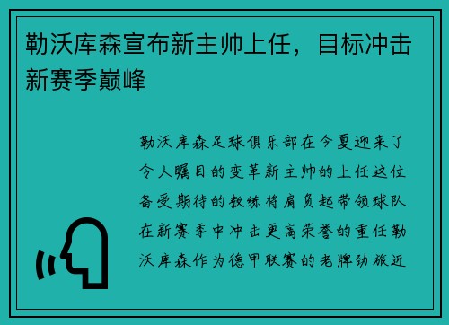 勒沃库森宣布新主帅上任，目标冲击新赛季巅峰